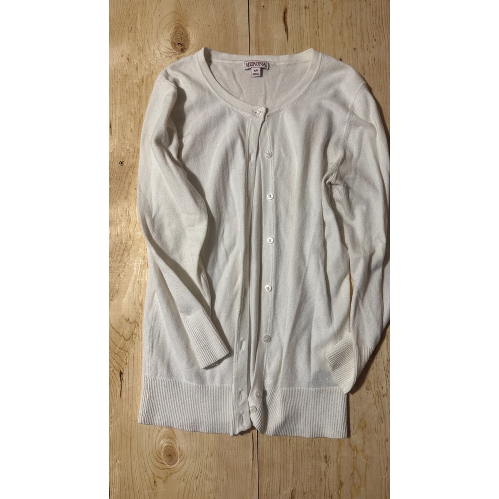 Merona Womens White Cotton Blend‎ Button Front Crew Neck Cardigan Sweater Size S